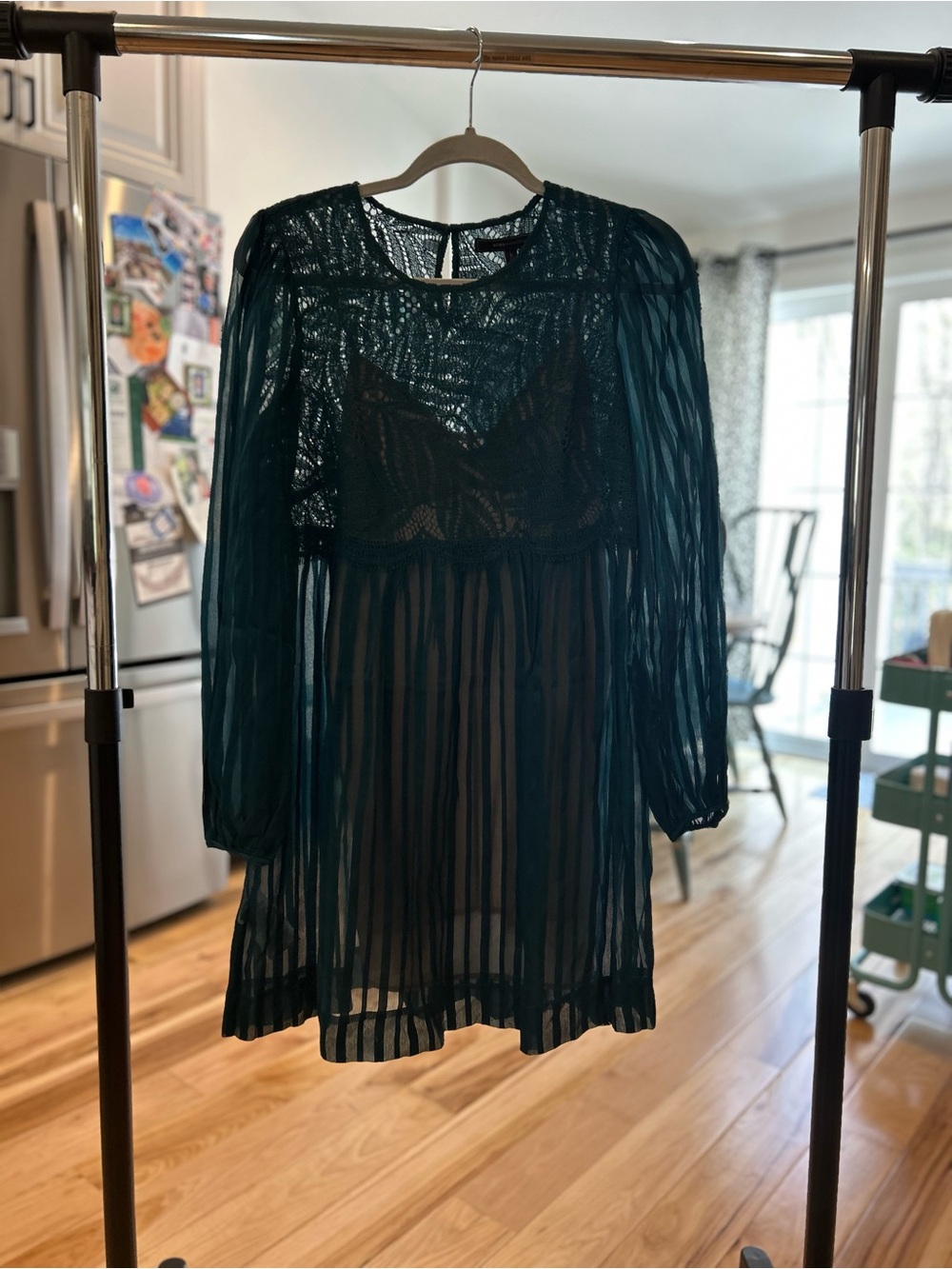 BCBGMaxAzria Sheer Dark Teal Long-Sleeve Mini Dress